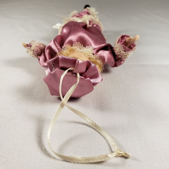 Vintage Doll Style Christmas Ornament Girl In Pink Dress Blonde Hair Flower Hat - Picture 8 of 9